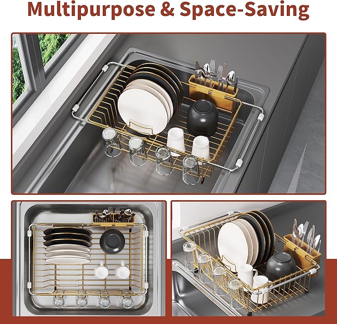JASIWAY Gold in Sink Dish Drying Rack, Expandable Stainless Steel Small Dish Rack Over Kitchen Sink, Plate Drainer Strainer with Utensil Holder & Cup Holders, Counter Space Saving Wire Dryer Rack