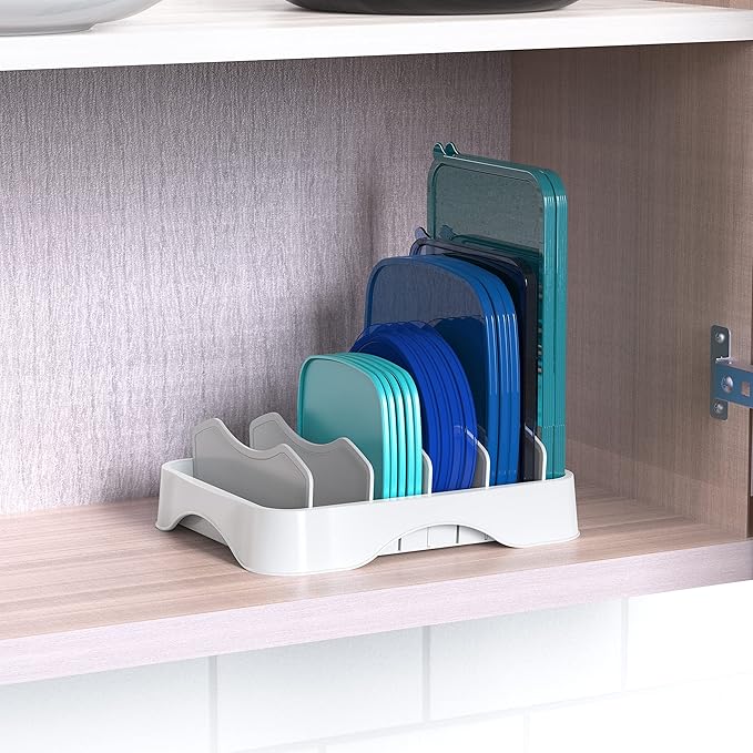 Simple Houseware Food Container Lid Organizer, Adjustable Dividers Lids Storage, 10''x8'', White