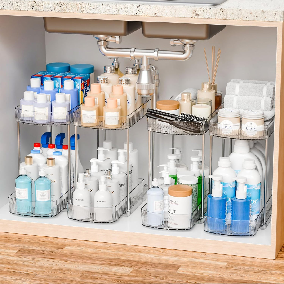 4 Pack Large Pull Out Bathroom Organizers and Storage,2 Tier 12.8″ Tall Sliding Kitchen Under Sink Organizer for Cleaning Products Storage,Acrylic Clear Bathroom inder Sink Organizer,Undersink Storage