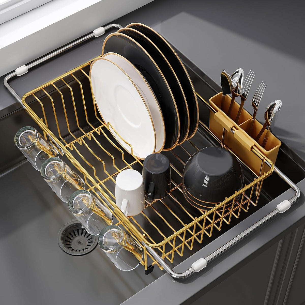 Gold Dish Drying Rack in Sink, Dish Drainer with Utensil Holder