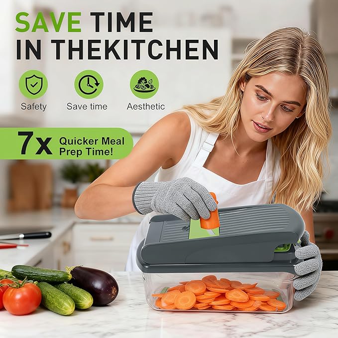 Mandoline Slicer for Kitchen, Vegetable Chopper with Adjustable Stainless Steel Blades, Fruit Slicer & Food Cutter for Potato, Onion, Cucumber, Carrot and Meal Prep, Easy to Clean