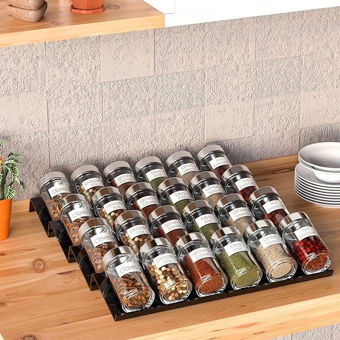 Sezanrpt Adjustable Acrylic Spice Drawer Organizer Rack, Spice Drawer Organizer Shelf Expandable From 8 Inch to 16 Inch, Acrylic Drawer Organizer for Seasoning Jars