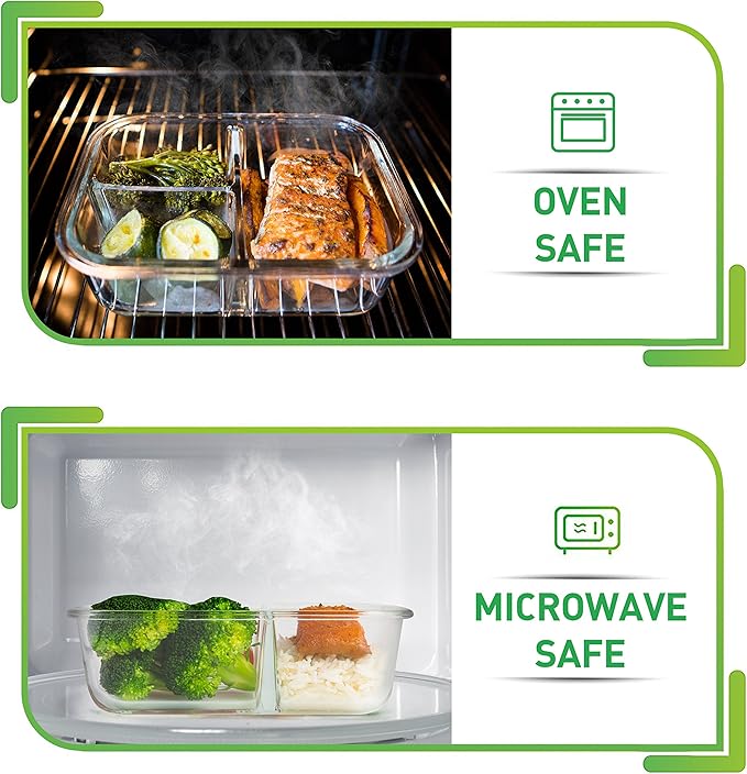 PrepNaturals 5 Pack 34 Oz Glass Meal Prep Containers - Dishwasher Microwave Freezer Oven Safe - Glass Storage Containers with Lids (Multi-Compartment)