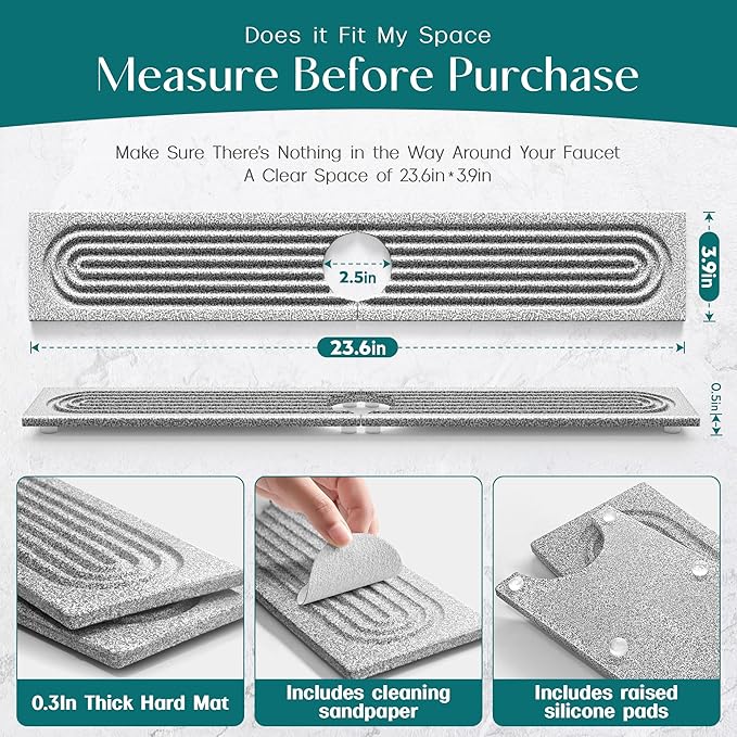 Eormoe Stone Kitchen Sink Faucet Mat, Premium Upgraded Food Grade Diatomite Drying Stone Tray & Splash Guard, Fast Drying Sink Protector for Kitchen Counter, Dishwasher Safe (23.6" x 3.9")