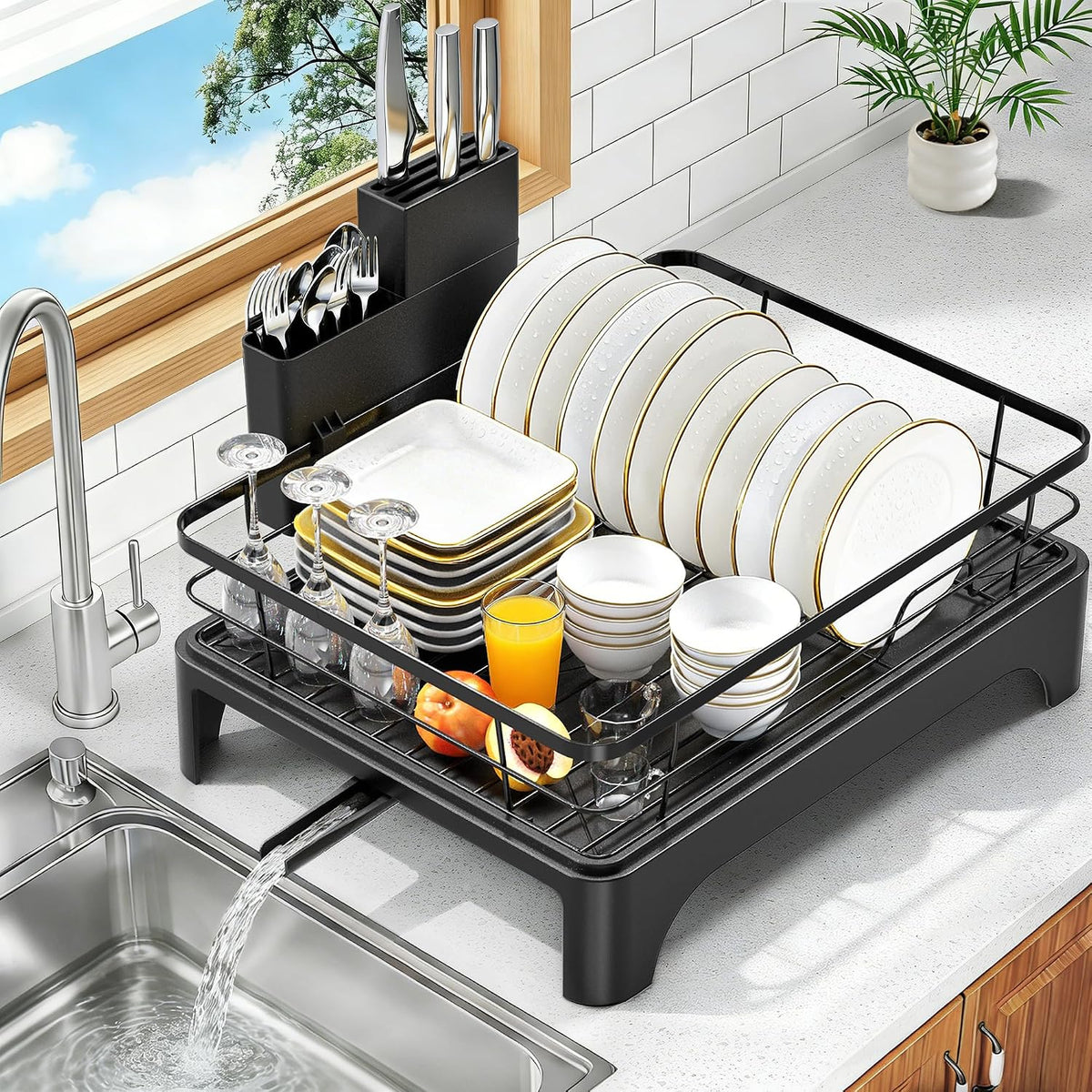 Large Dish Drying Rack with Automatic Dish Drying Rack for Kitchen Counter, Rustproof Stainless Steel Dish Drainer with Cutlery Holder, Over Sink Organizer (17" x 13.4", Black)