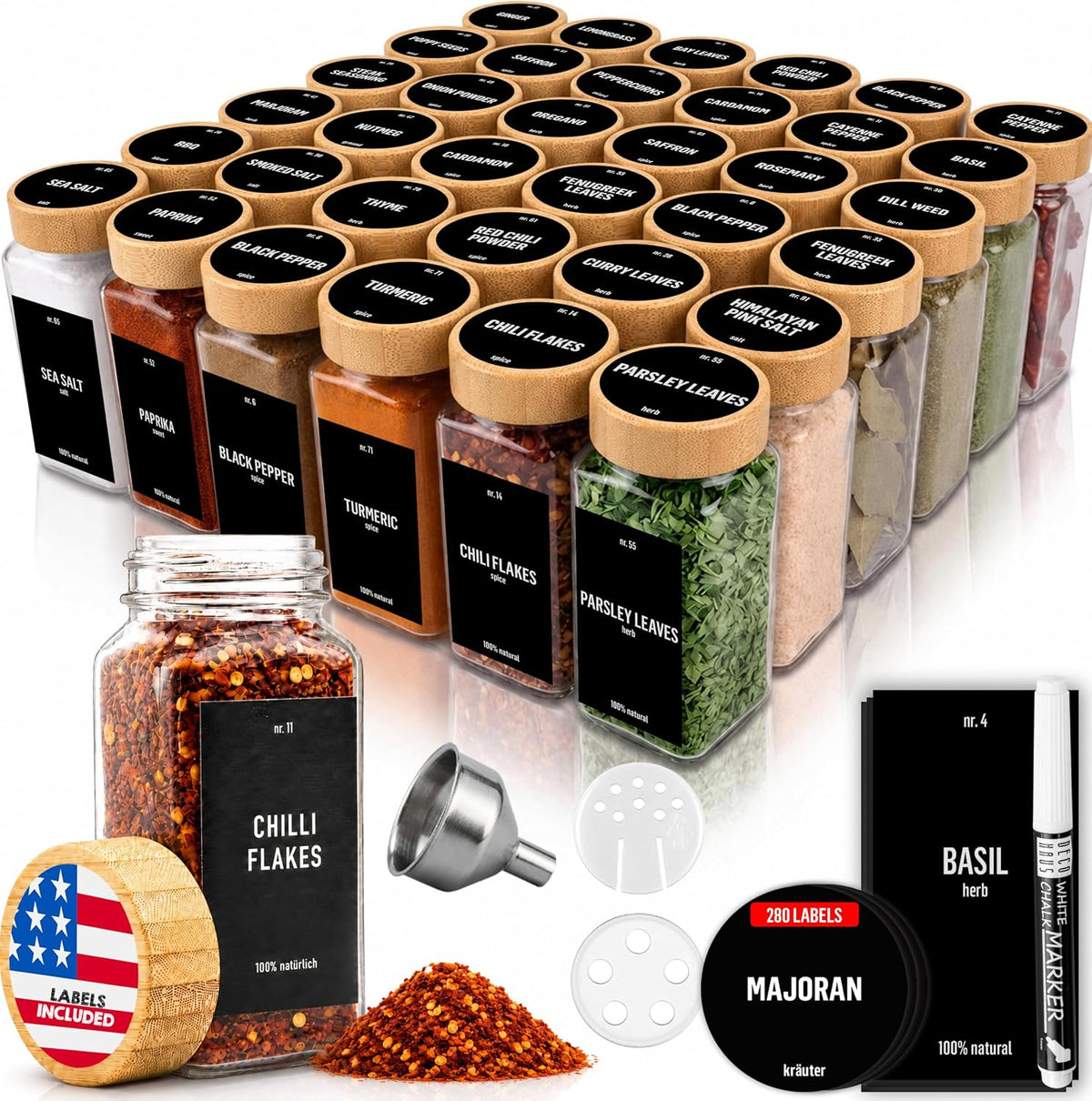 Spice Jars with Bamboo lids 36 x 4oz - Seasoning Jars +280 Labels