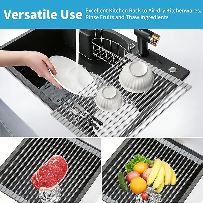 Expandable Roll-UP Dish Drying Rack-Large 304 Stainless Steel Dish Drainer Over The Sink for Kitchen Countertop,Extendable & Rollable & Food Grade (Silver,22.08'x 13.2')