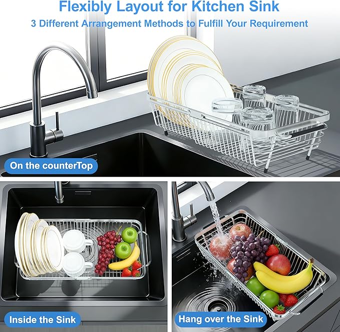 Dish Drying Rack Over The Sink, Stainless Steel Dish Racks for Kitchen Counter, Expandable Drainer for Kitchen Sink Organizer, 2-in-1 Extend Drain Basket and Plates Holder for Utensil Storage