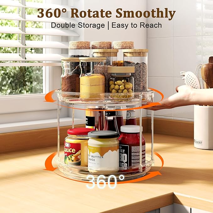 2 Tier Lazy Susan Turntable Organizer 9.25 inch, Rotating Spice Rack Organization for Cabinet, Bathroom, Pantry, Countertop, Kitchen, Vanity, Medicine Cabinet Organizer, Clear