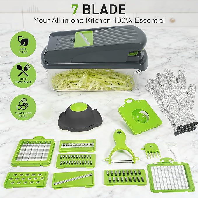 Mandoline Slicer for Kitchen, Vegetable Chopper with Adjustable Stainless Steel Blades, Fruit Slicer & Food Cutter for Potato, Onion, Cucumber, Carrot and Meal Prep, Easy to Clean
