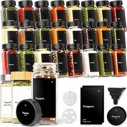 Glass Spice jars with Label & Shaker Lids [24x 4oz] Airtight Seasoning