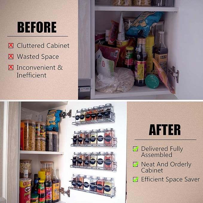 Wall Mount Spice Rack Organizer for Cabinet Door - Set of 4 Hanging Spice Shelves in Chrome- 11.5 x 2.5 x 2.5 Inches.