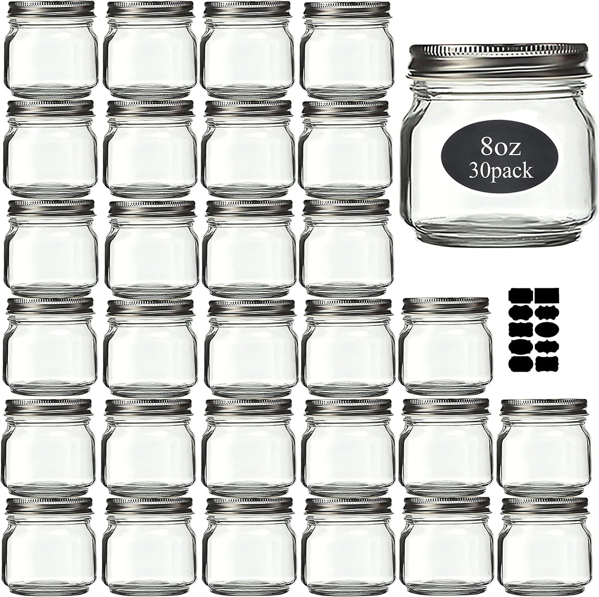 Mason Jars 8 oz 30 Pack Small Glass Caning Jars with Silver Lids