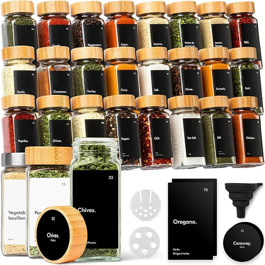 KIVY Spice Jars with Labels [24x 4oz] Glass Seasoning Containers with Airtight Lids for Organization