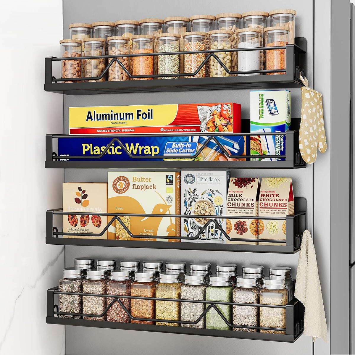 16.9 Inch Large Capacity Magnetic Spice Rack for Refrigerator Black, 4 Pack