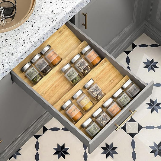 Bamboo Spice Drawer Organizer with Non-slip Mat, 4 Tier Jar Spice Rack Tray 13''