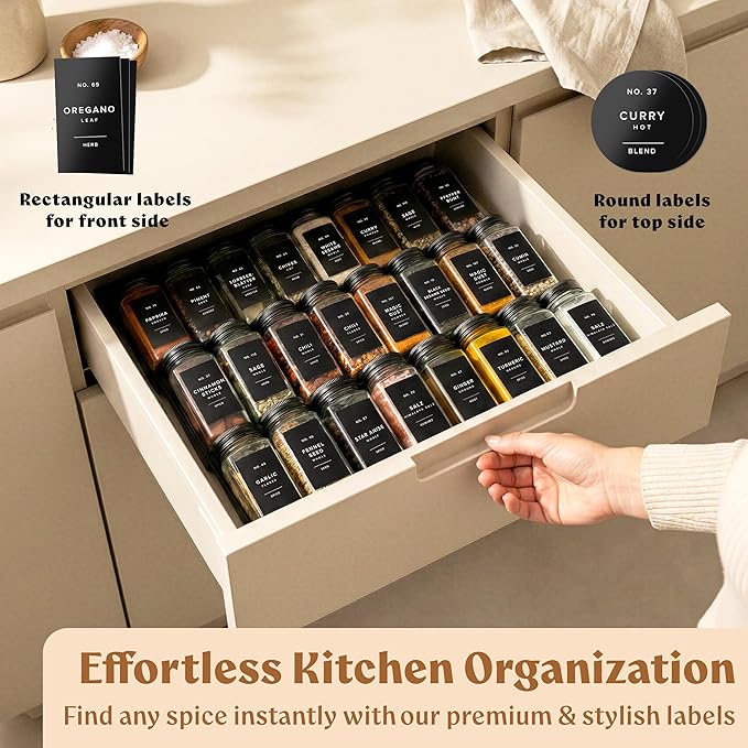 EDELHAUS Glass Spice Jars with Label and Black Aluminium Lids (24 x 4oz) Spice Containers with 240 Labels, Shaker Inserts, Steel Funnel, Empty Square Seasoning Organizer (Black Aluminium Lid)