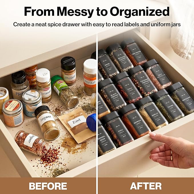 EDELHAUS Square Glass Spice Jars with Label and Black Rotating Lids (24 x 4oz) Spice Containers with 240 Labels, Shaker Inserts, Silicone Funnel, Empty Square Empty Square Seasoning Organizer
