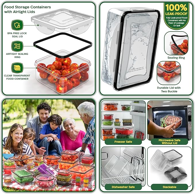 RockBerry 66 Pcs Large Food Storage Containers with Lids Airtight-Total 19075ML (33Containers,33Lids) Stackable Kitchen Bowls Set, 2500ML to Small Box-BPA Free Leak proof Plastic Boxes-Microwave safe