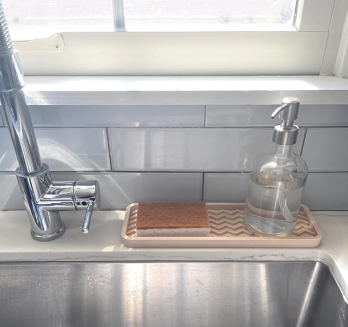 Silicone Sink Organizer Tray, Rectangular, Modern Style, Heat Safe, Dishwasher Safe, for Bathroom and Kitchen Organization (Sand Dollar, 12"x4", Chevron Pattern)