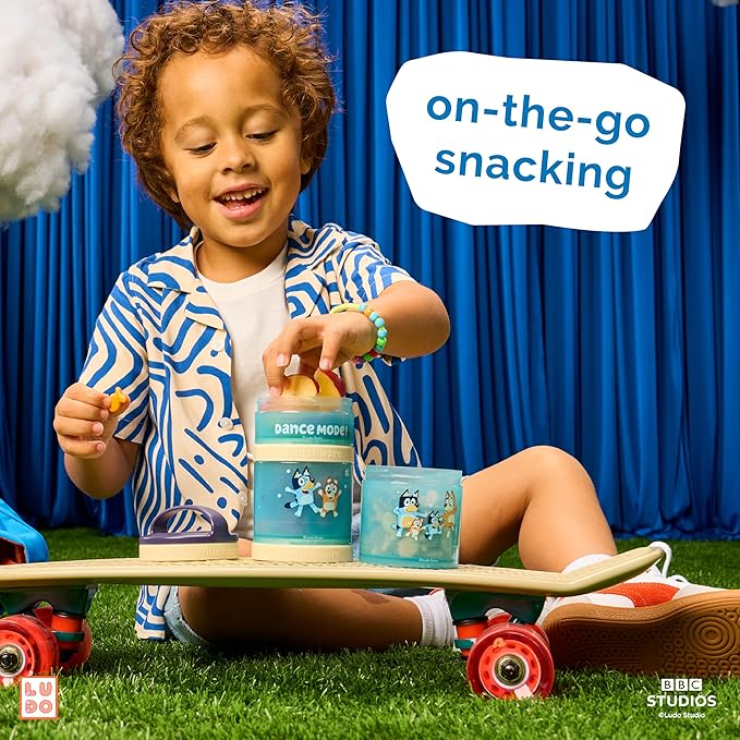 Whiskware Bluey Stackable Snack Containers for Babies, Toddlers, and Kids, 3 Stackable Snack Cups for School and Travel, Cupholder Friendly, Bluey, Bingo, Bandit Heeler, and Chilli, Dance Mode!
