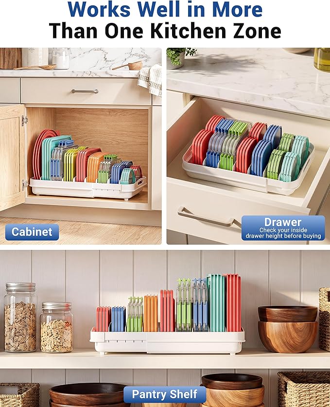 EVERIE Expandable Food Container Lid Organizer for Cabinet, Fits 12-Inch Deep or Deeper Cabinets , Adjustable 13.4" to 20.5", 8 Adjustable Dividers for lids , Drawer, Pantry and Kitchen Storage