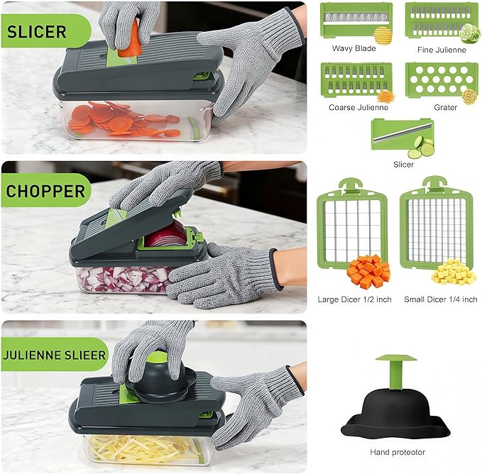 Mandoline Slicer for Kitchen, Vegetable Chopper with Adjustable Stainless Steel Blades, Fruit Slicer & Food Cutter for Potato, Onion, Cucumber, Carrot and Meal Prep, Easy to Clean