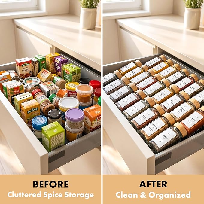 EDELHAUS® Square Spice Jars with Bamboo Wooden Lid (Pack of 36) Spice Jars with Shaker Insert and 240 Labels - Bamboo Lid Glass Container for Spice Organisation [4.3 in × 1.8 in]