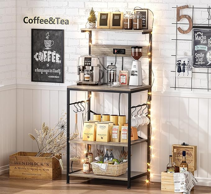 SUPERJARE Kitchen Bakers Rack with Power Outlet, Coffee Bar Table 4 Tiers, Kitchen Microwave Stand with 6 S-shaped Hooks, Kitchen Storage Shelf Rack for Spices, Pots and Pans - Greige
