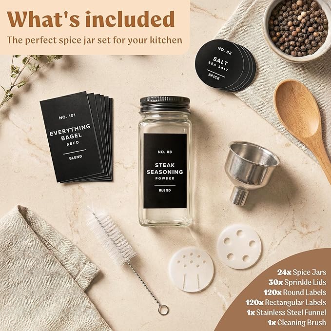 EDELHAUS Glass Spice Jars with Label and Black Aluminium Lids (24 x 4oz) Spice Containers with 240 Labels, Shaker Inserts, Steel Funnel, Empty Square Seasoning Organizer (Black Aluminium Lid)