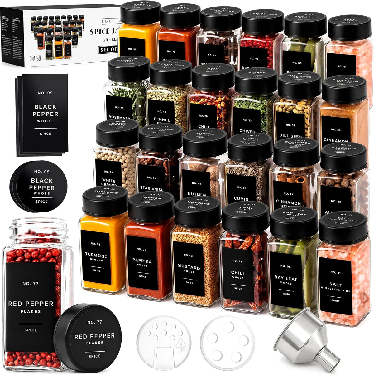 Glass Spice Jars with Label, Seasoning Set, 24x Black Steel Lids