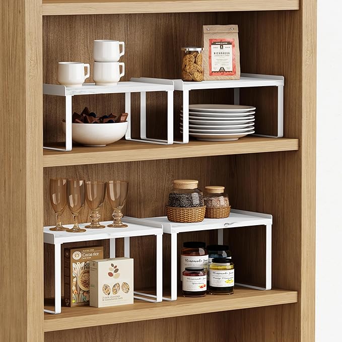 Goozii Counter Shelf Organizer Set of 4, Pantry Shelf Risers for Plates Dishes Cups Mugs Spices, Pantry Cupboard Cabinet Organizers and Storage Shelves Rack Insert for Countertop (White)
