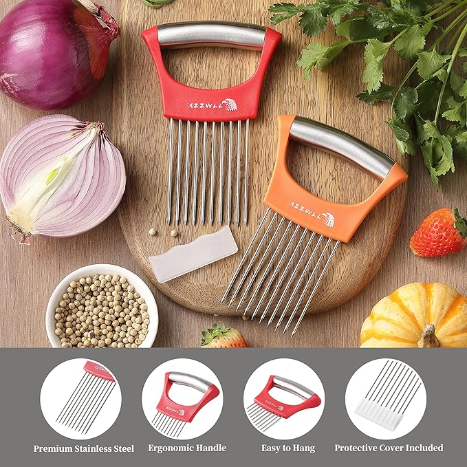 2PCS Onion Slicer Holder, XZZWLL Stainless Steel Onion Cutter for Slicing and Storage Onions, Tomato, Eggs and Vegetables, Protective Cover Included, Dishwasher Safe (Stylish Orange+ Red Color)