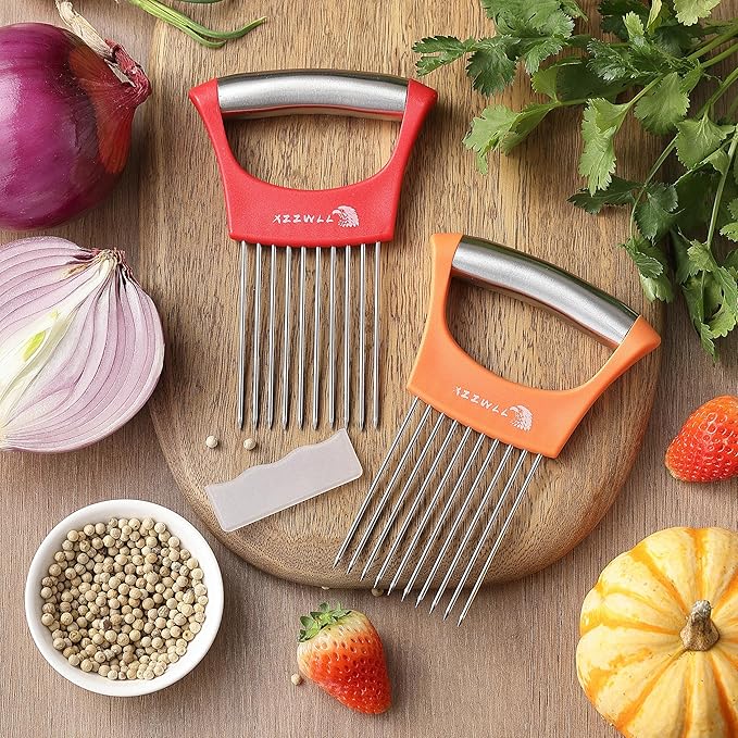 2PCS Onion Slicer Holder, XZZWLL Stainless Steel Onion Cutter for Slicing and Storage Onions, Tomato, Eggs and Vegetables, Protective Cover Included, Dishwasher Safe (Stylish Orange+ Red Color)