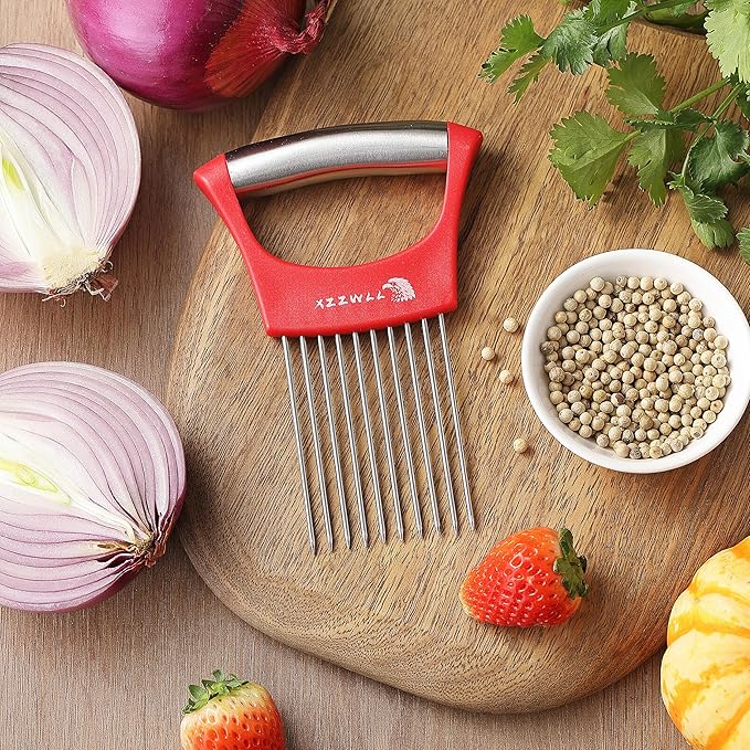2PCS Onion Slicer Holder, XZZWLL Stainless Steel Onion Cutter for Slicing and Storage Onions, Tomato, Eggs and Vegetables, Protective Cover Included, Dishwasher Safe (Stylish Orange+ Red Color)