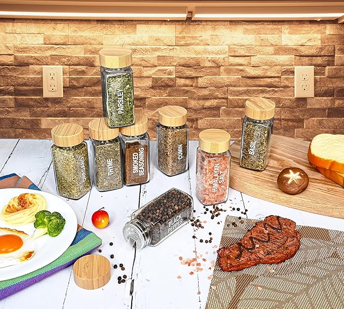 24-Piece Spice Jars Set by Le'raze: Glass Jars with Bamboo Lids, Labels & Funnel, Airtight Kitchen Storage