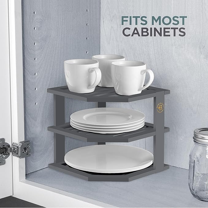 Bambüsi Plate Organizer for Cabinet - Grey Corner Cabinet Organizer and Kitchen Cabinet Organizer Shelf, Kitchen Countertop Organizer for Plates, Dishes and Bowls, Space Saving Corner Rack, (Gray)